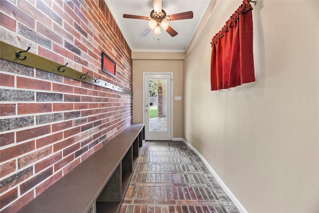 17518 Cypress Laurel St, Houston, TX 77095 - mudroom with baseboards, a ceiling fan, and ornamental molding