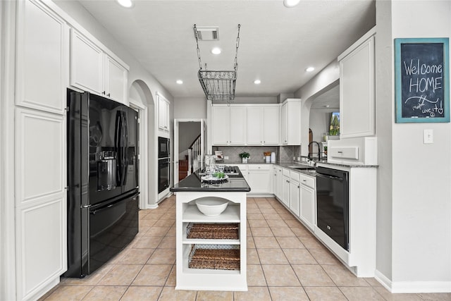 17518 Cypress Laurel St, Houston, TX 77095 - kitchen featuring black appliances, open shelves, a sink, recessed lighting, and light tile patterned flooring