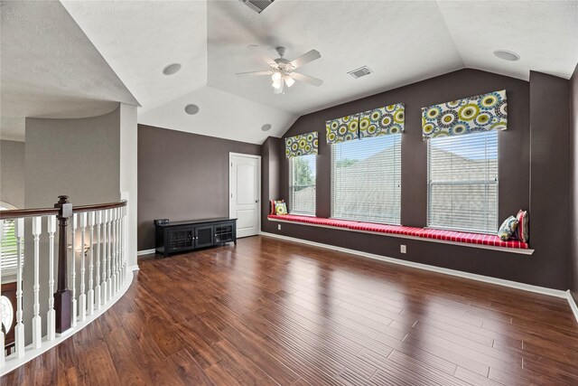 17518 Cypress Laurel St, Houston, TX 77095 - unfurnished living room with lofted ceiling, a ceiling fan, wood finished floors, and baseboards