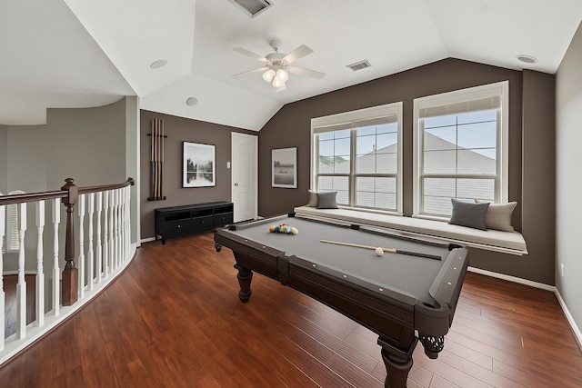 17518 Cypress Laurel St, Houston, TX 77095 - recreation room featuring vaulted ceiling, a ceiling fan, billiards, baseboards, and wood finished floors