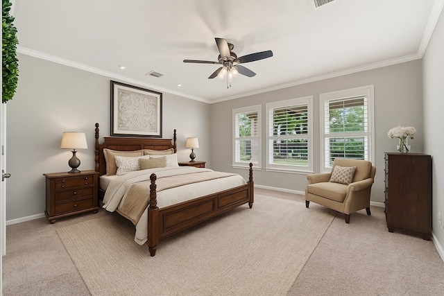 17518 Cypress Laurel St, Houston, TX 77095 - bedroom featuring light colored carpet, baseboards, ornamental molding, a ceiling fan, and recessed lighting