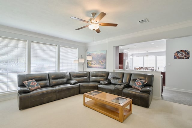 13210 Sycamore Heights St, Houston, TX 77065 - carpeted living room with a ceiling fan, crown molding, and baseboards