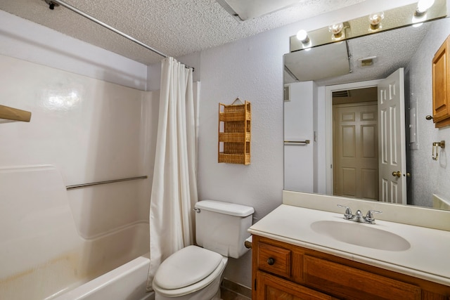 1311 Antoine Dr Unit 111, Houston, TX 77055 - bathroom with a textured ceiling, toilet, vanity, shower / bathtub combination with curtain, and a textured wall
