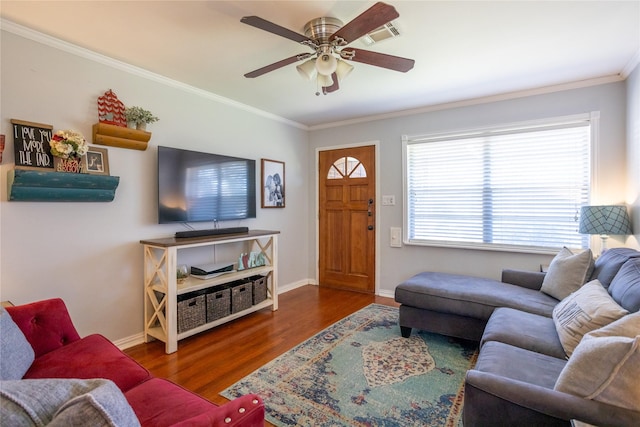1803 Foxwood Rd, Houston, TX 77008 - living area with crown molding, wood finished floors, baseboards, and ceiling fan