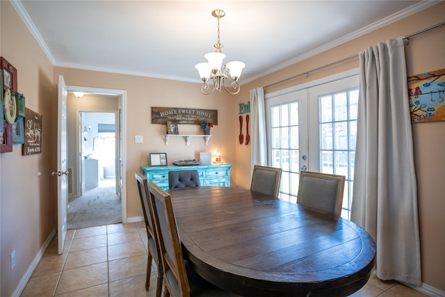 1803 Foxwood Rd, Houston, TX 77008 - dining room featuring a chandelier, french doors, ornamental molding, baseboards, and light tile patterned flooring