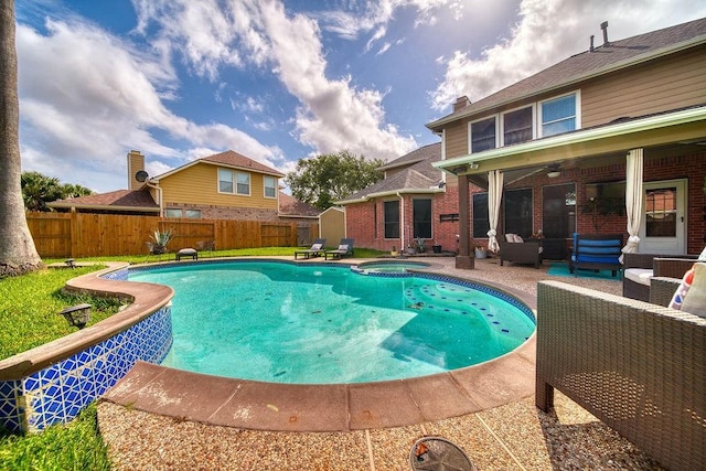 1114 Carriage Ct, Seabrook, TX 77586 - view of pool featuring a patio area, a fenced backyard, ceiling fan, an outdoor living space, and a storage shed