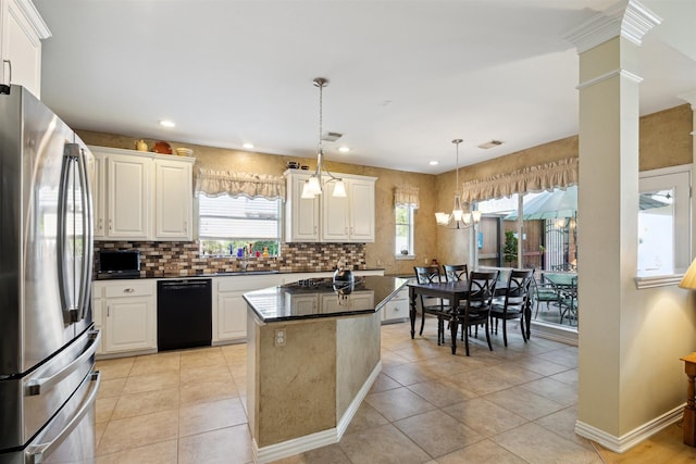 2 Slatestone Cir, The Woodlands, TX 77382 - kitchen with freestanding refrigerator, dishwasher, a sink, white cabinetry, and recessed lighting