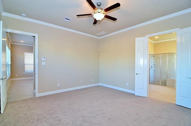 4435 Calvet Forest Dr, Katy, TX 77494 - unfurnished bedroom featuring light colored carpet, ornamental molding, baseboards, a ceiling fan, and light tile patterned floors