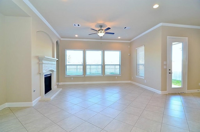 4435 Calvet Forest Dr, Katy, TX 77494 - unfurnished living room with light tile patterned floors, ceiling fan, recessed lighting, baseboards, and a fireplace with raised hearth