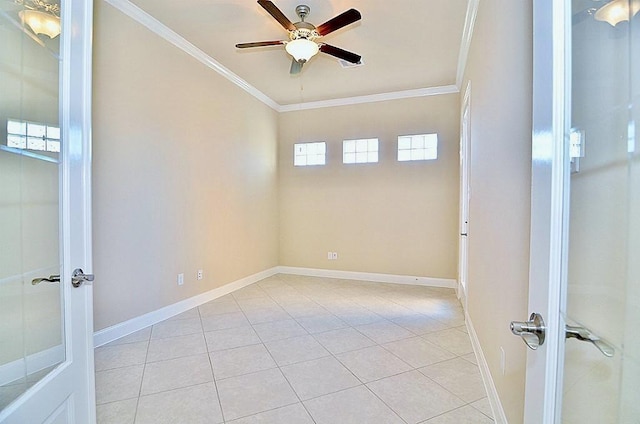 4435 Calvet Forest Dr, Katy, TX 77494 - empty room featuring ornamental molding, a ceiling fan, french doors, light tile patterned floors, and baseboards