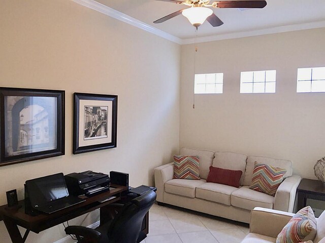 4435 Calvet Forest Dr, Katy, TX 77494 - home office with light tile patterned flooring, a ceiling fan, and ornamental molding