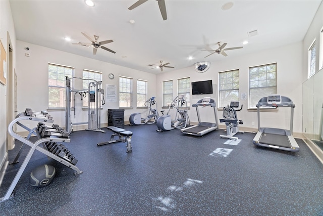 4435 Calvet Forest Dr, Katy, TX 77494 - gym with ceiling fan, baseboards, and recessed lighting