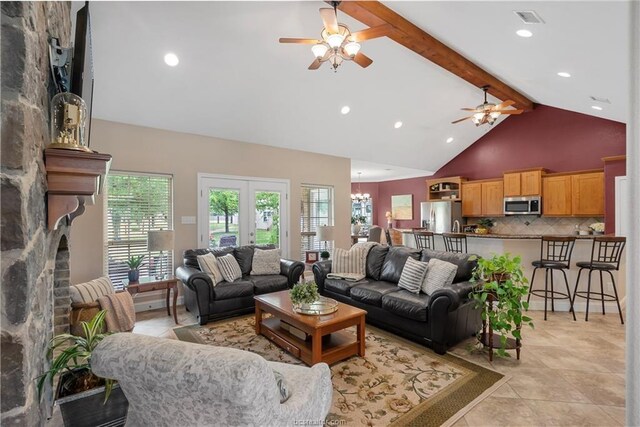 6443 Hardy Weedon Rd, College Station, TX 77845 - living area featuring a ceiling fan, high vaulted ceiling, beam ceiling, a chandelier, and recessed lighting