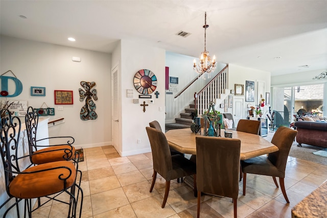 11434 Ketch Ct, Willis, TX 77318 - dining area featuring stairs, a chandelier, light tile patterned floors, recessed lighting, and baseboards
