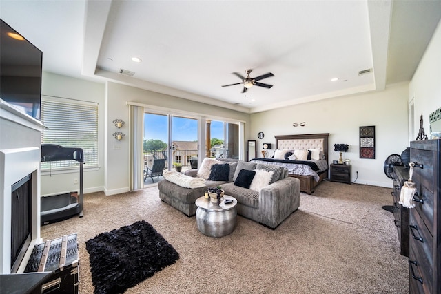 11434 Ketch Ct, Willis, TX 77318 - bedroom featuring access to outside, carpet flooring, baseboards, recessed lighting, and a ceiling fan