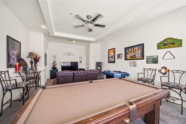 11434 Ketch Ct, Willis, TX 77318 - rec room with billiards, carpet, ceiling fan, recessed lighting, and a tray ceiling