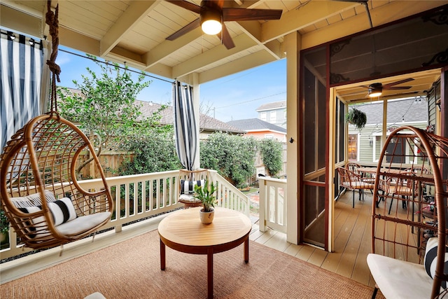 1305 Postoffice, Galveston, TX 77550 - sunroom with a ceiling fan and beamed ceiling