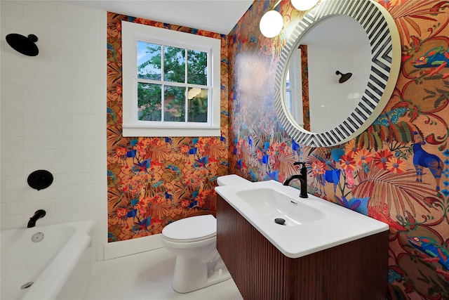 1305 Postoffice, Galveston, TX 77550 - bathroom featuring wallpapered walls, toilet, vanity, tile patterned floors, and bathtub / shower combination