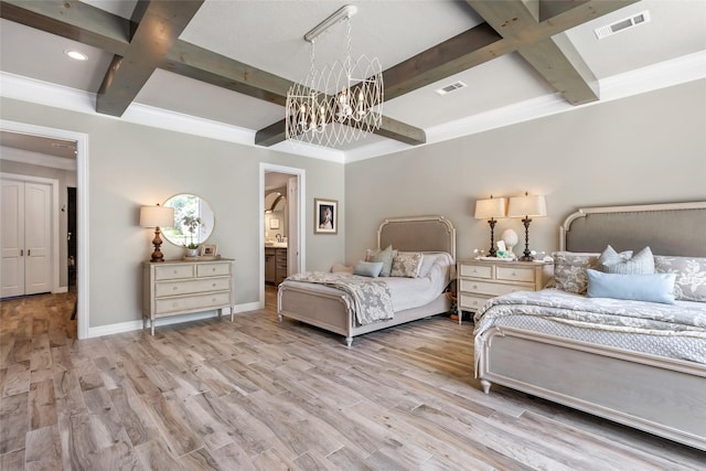 11 Turtle Cove Ct, Kingwood, TX 77346 - bedroom with coffered ceiling, beamed ceiling, a chandelier, baseboards, and wood finished floors