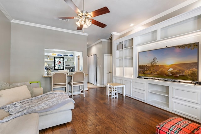 11 Turtle Cove Ct, Kingwood, TX 77346 - living room featuring ornamental molding, dark wood-style floors, ceiling fan, recessed lighting, and built in features