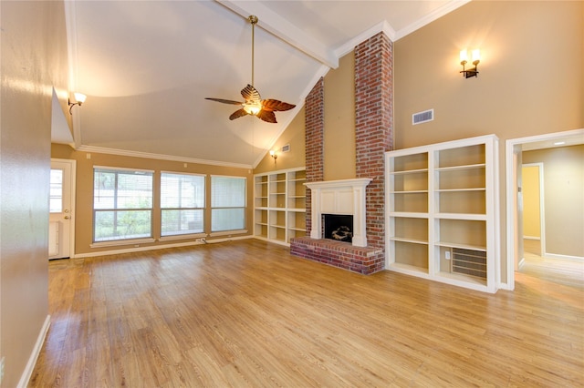 538 Everington Dr, Katy, TX 77450 - unfurnished living room with a ceiling fan, baseboards, high vaulted ceiling, wood finished floors, and a brick fireplace
