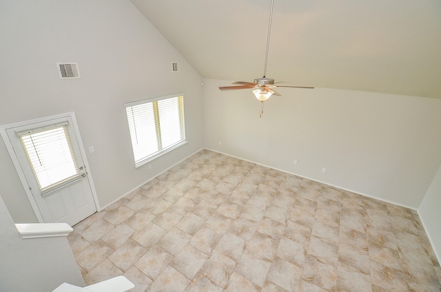 23807 Ancona Ct, Katy, TX 77493 - unfurnished living room with a ceiling fan, healthy amount of natural light, and high vaulted ceiling