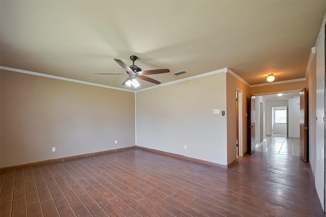 12346 Gainsborough Dr, Houston, TX 77031 - empty room featuring ceiling fan, dark wood-type flooring, baseboards, and crown molding