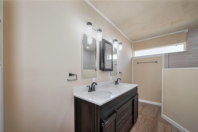 12346 Gainsborough Dr, Houston, TX 77031 - bathroom with crown molding, wood finished floors, double vanity, and baseboards