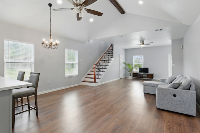 953 Rd 5606, Cleveland, TX 77327 - living area featuring ceiling fan, stairway, dark wood-type flooring, baseboards, and a chandelier