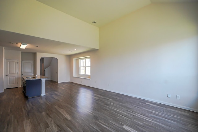 10314 White Fir Villa Ave, Houston, TX 77044 - unfurnished living room with arched walkways, dark wood-style floors, baseboards, vaulted ceiling, and a sink