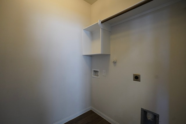 10314 White Fir Villa Ave, Houston, TX 77044 - laundry area with washer hookup, electric dryer hookup, dark wood finished floors, and baseboards