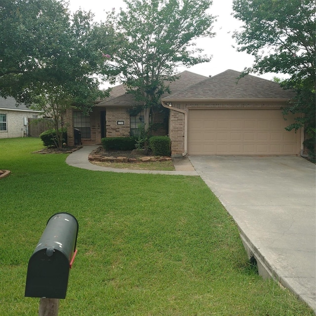 13564 Miller Ln, Willis, TX 77318 - ranch-style house featuring brick siding, concrete driveway, a front lawn, an attached garage, and a shingled roof