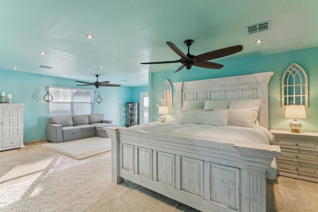 1022 Long Reach Dr, Tiki Island, TX 77554 - bedroom featuring light carpet, recessed lighting, and ceiling fan