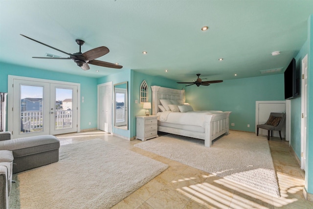 1022 Long Reach Dr, Tiki Island, TX 77554 - bedroom with access to exterior, french doors, a ceiling fan, recessed lighting, and baseboards