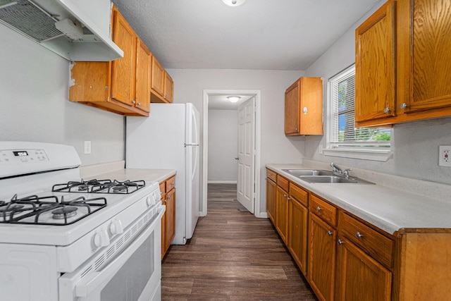 7433 Yoe St, Houston, TX 77016 - kitchen with white range with gas cooktop, under cabinet range hood, a sink, dark wood-style floors, and light countertops
