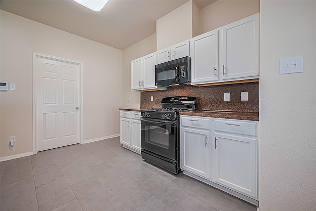1526 Claremont Garden Cir, Houston, TX 77047 - kitchen with black appliances, dark countertops, backsplash, and white cabinetry
