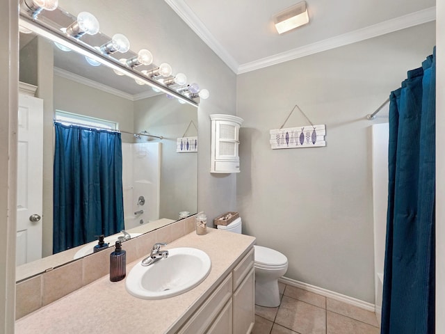 3229 Castle Dr, Crystal Beach, TX 77650 - bathroom with toilet, shower / tub combo, tile patterned floors, ornamental molding, and vanity