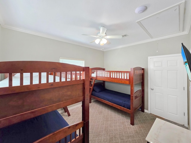 3229 Castle Dr, Crystal Beach, TX 77650 - bedroom with attic access, carpet floors, crown molding, baseboards, and a ceiling fan