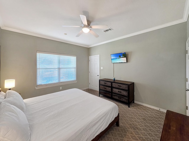 3229 Castle Dr, Crystal Beach, TX 77650 - bedroom featuring ornamental molding, carpet floors, baseboards, and ceiling fan