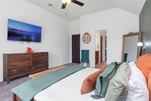 3221 Climbing Gardens Ct, Conroe, TX 77301 - carpeted bedroom featuring lofted ceiling, ceiling fan, ensuite bathroom, and baseboards