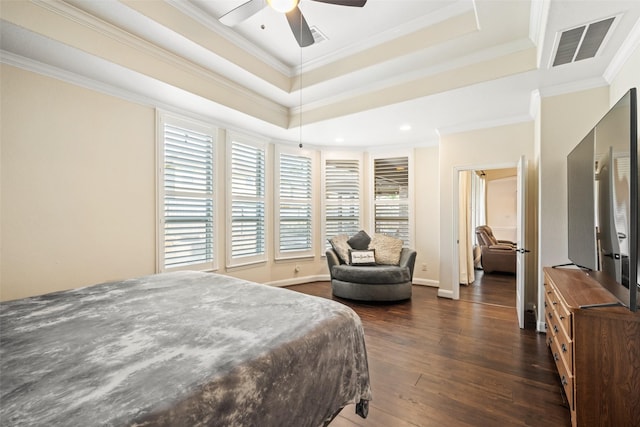 17726 Rough River Ct, Humble, TX 77346 - bedroom with a raised ceiling, dark wood finished floors, ornamental molding, recessed lighting, and ceiling fan