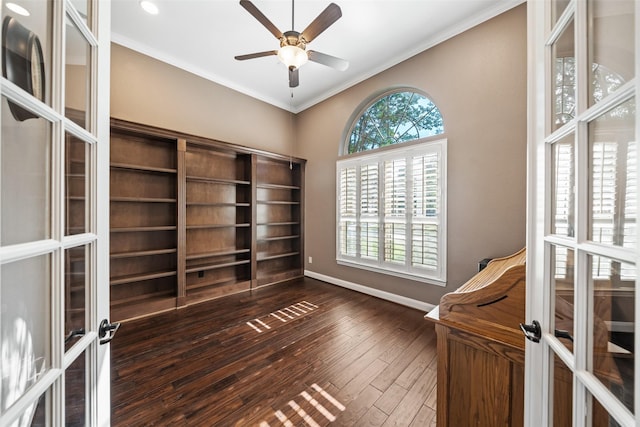 17726 Rough River Ct, Humble, TX 77346 - unfurnished office with french doors, healthy amount of natural light, dark wood finished floors, baseboards, and crown molding