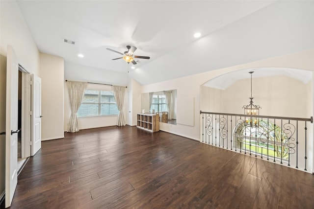 17726 Rough River Ct, Humble, TX 77346 - unfurnished room featuring ceiling fan, wood finished floors, a chandelier, lofted ceiling, and recessed lighting
