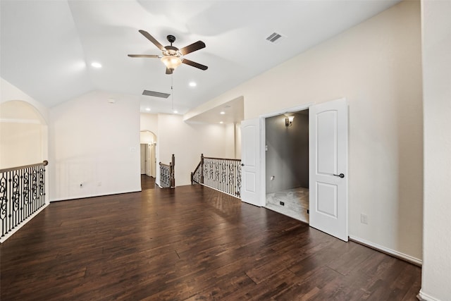17726 Rough River Ct, Humble, TX 77346 - unfurnished room with ceiling fan, wood finished floors, lofted ceiling, and recessed lighting