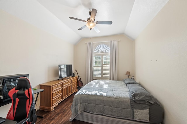17726 Rough River Ct, Humble, TX 77346 - bedroom featuring dark wood-style floors, lofted ceiling, and a ceiling fan