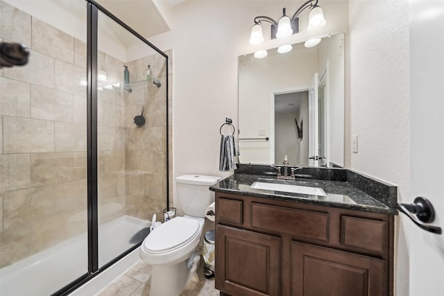 17726 Rough River Ct, Humble, TX 77346 - bathroom with vanity, toilet, a shower stall, and tile patterned floors