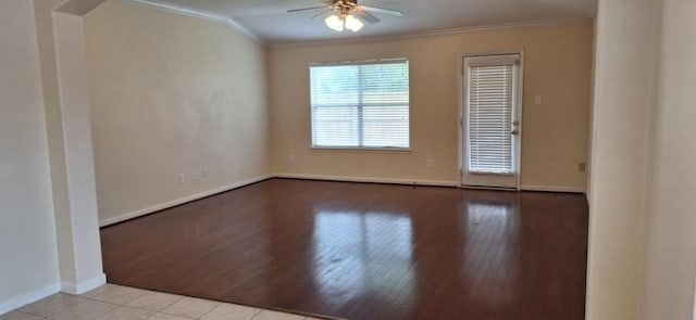 2902 Winslow Forest Ln, Houston, TX 77047 - unfurnished room with ornamental molding, ceiling fan, baseboards, and hardwood / wood-style flooring