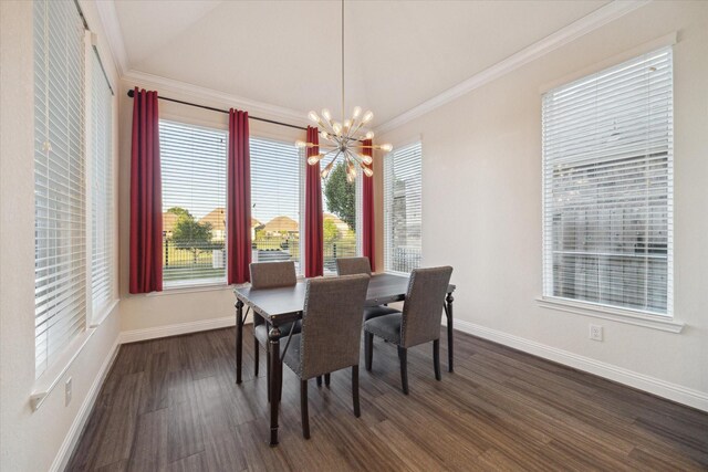 19534 Juniper Breeze Ln, Spring, TX 77379 - dining room with baseboards, a chandelier, dark wood finished floors, ornamental molding, and healthy amount of natural light