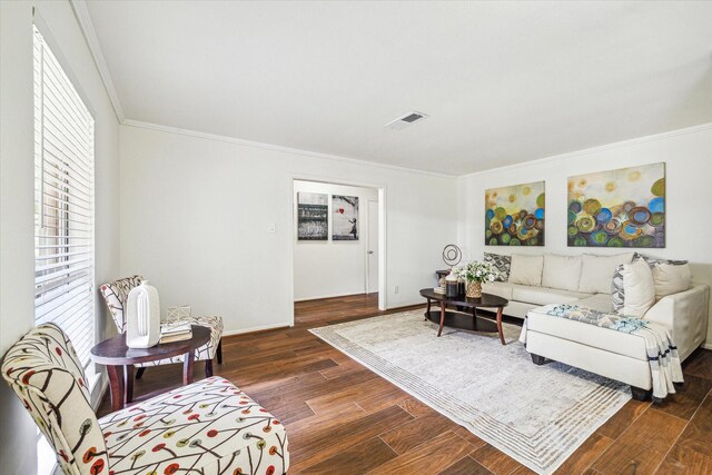 5939 Rutherglenn Dr, Houston, TX 77096 - living room featuring ornamental molding, dark wood finished floors, and baseboards