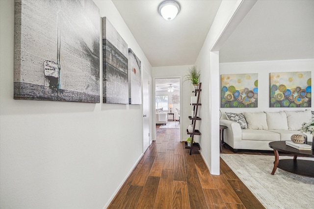 5939 Rutherglenn Dr, Houston, TX 77096 - hallway featuring dark wood-style flooring and baseboards